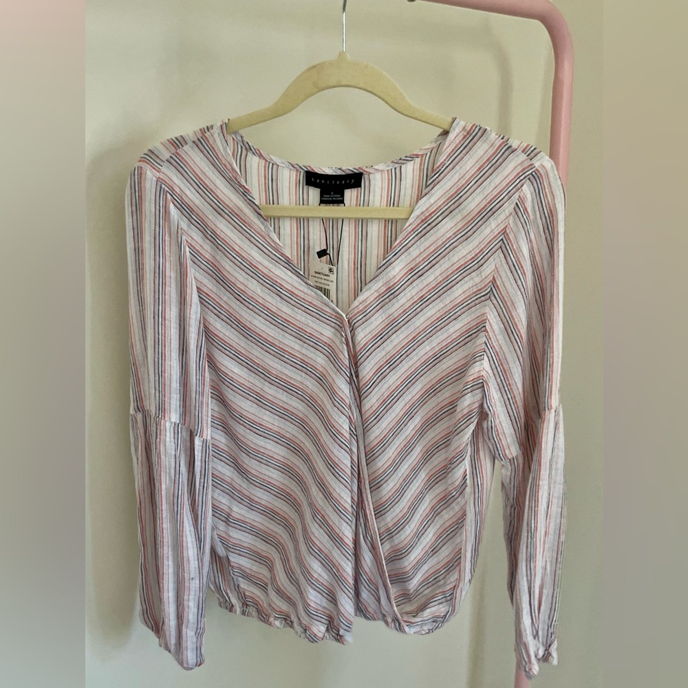 Sanctuary Women's Linen Blend Sand Dune Striped Faux Wrap Top